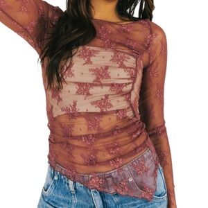 FREE PEOPLE Full Bloom Layering Top Long Sleeve Sheer Lace Top Oh Bloom Rose D13